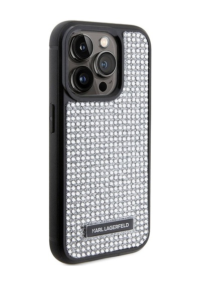 Apple Uyumlu iPhone 15 Pro Max  Kılıf Karl Lagerfeld Taşlı Metal Logo  Lisanslı Kapak Gümüş