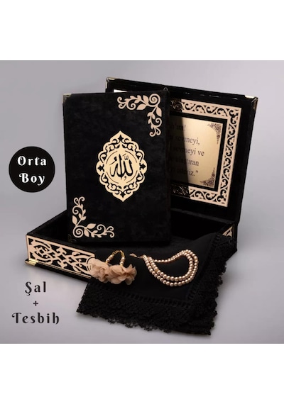 Şal + Tesbih + Kuran Hediye Seti Orta Boy, Şemslafzatullah, Gold Pleksi, Raşel Kutu, Siyah