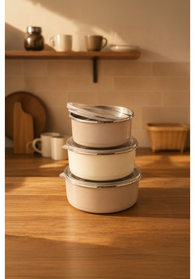 Bambum Lumino 3 Lü Emaye Saklama Kabı Bej B7689 300+700+1000ml