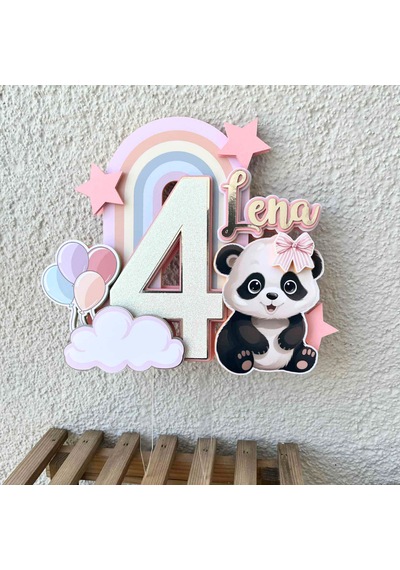 Panda Temalı Kız Çocuk Doğum Günü İsme Özel 3d Pasta Parti Süsü Cake Topper Çocuk
