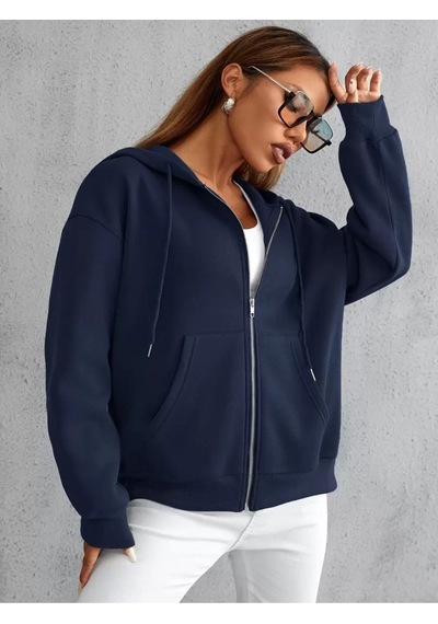 Uyguntarz Unisex Lacivert Fermuarlı Kapüşonlu Sweatshirt