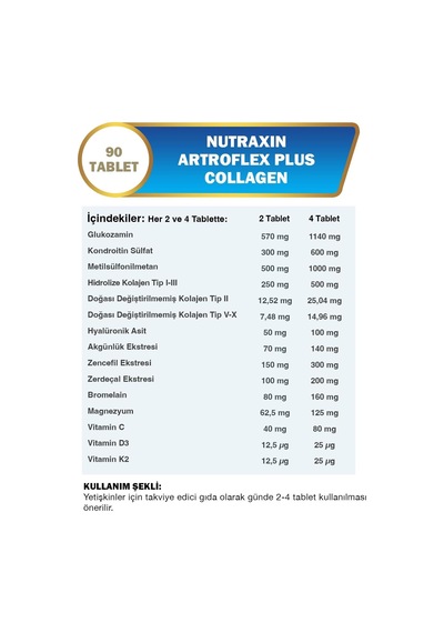 Artroflex Plus Collagen Tip Iı Kolajen, Glukozamin, Kondroitin, Msm Ve Hyalüronik Asit Şeker Ve Gluten İçermez 90 Tablet