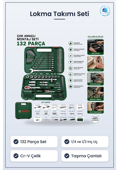 132 Parça Lokma Takımı Ve 1/4 İnç Cırcır Kollu Alyan Bits Uç Uzat