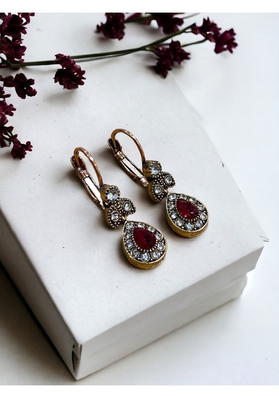 Kristal Taşlı Küçük Su Damlası Sallantılı Küpe Kırmızı