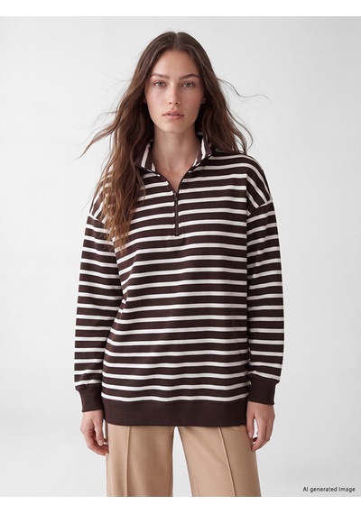 Lcw Modest Ekru Çizgili Kadın Kalın Sweatshirt Tunik