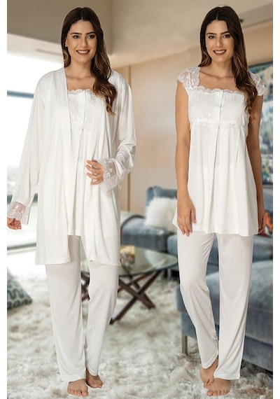 Effort Pijama Zerre Bebe Ekru Hamile Lohusa Sabahlıklı Pijama Takımı 2301 Ekru