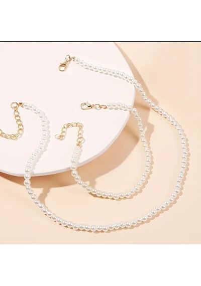 Sade Şık İnci Kolye Bileklik Set Beyaz
