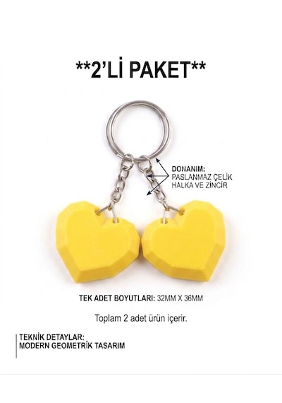 2'li Geometrik Kalp 3d Anahtarlık & Çanta Süsü Sarı