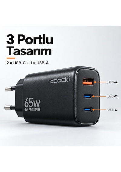 Toocki 65w Gan Pro 3 Portlu Hızlı Şarj Adaptörü 2 Usb-c Ve 1 Usb-a Pd 3.0 Pps Qc 3.0 Avrupa Tipi Fiş Siyah
