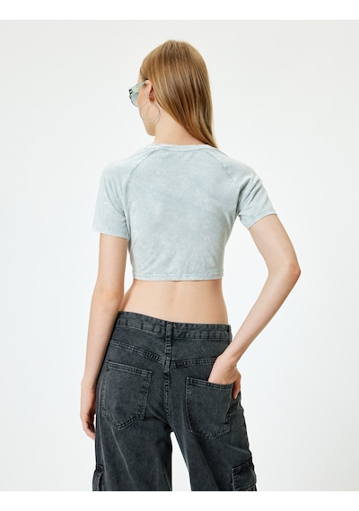 Koton Crop Tişört Büzgü Detaylı Kolej Baskılı Yıkamalı Kısa Kollu Slim Fit Gri 4sal11092ık Gri