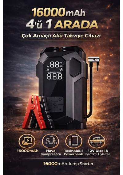 16000mah Akıllı Akü Takviye Cihazı Kompresörlü 4 Ü 1 Arada Jump Starter Yeni Nesil
