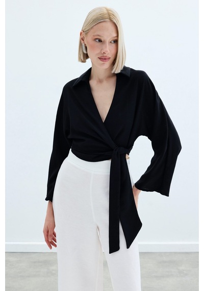 Sateen Bağlamalı Keten Bluz - Siyah-136205 Siyah