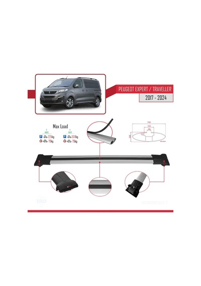 Peugeot Expert - Traveller 2017 Ve Sonrası İle Uyumlu Fly Model Ara Atkı Tavan Barı Gri 4 Adet Bar