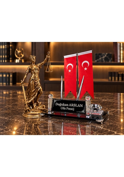 Kişiye Özel 3 Lü Kristal Masa Seti Türk Bayraklı, Adalet Heykelli, Kalemlikli İsimlik Gold - Siyah