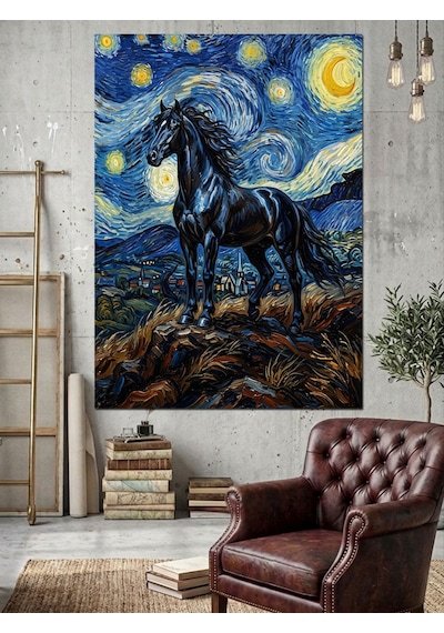 Van Gogh Tarzı Siyah At Yıldızlı Gece Dekoratif Kanvas - Mdf Ahşap Tablo Çok Renkli