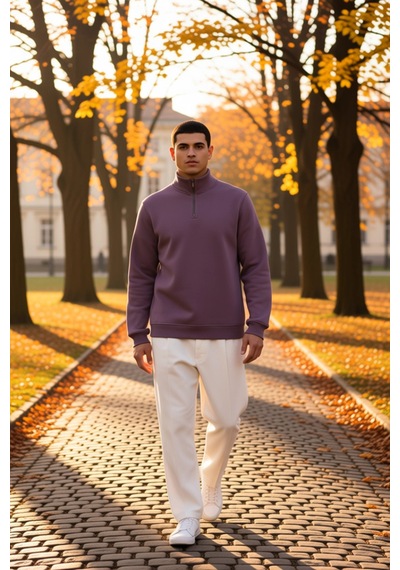 Benerly Erkek Dik Yaka Fermuarlı Standart Kol Regular Kalıp Sweatshirt Fo Mor