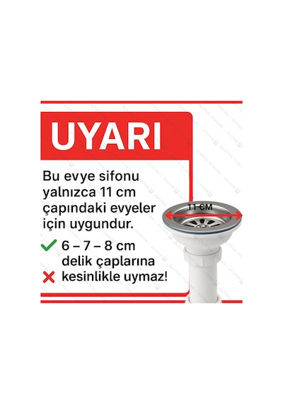Çöpmak Evye Taslı Körüklü Sifon 50 Lik Çıkış 11 Cm Çap Koku Önleyici Temizlenebilir Hazne