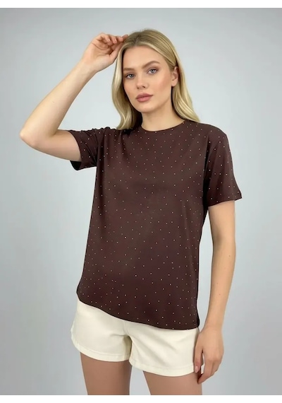 Park Karon 26047 Pamuk Kadın Bisiklet Yaka Taş İşleme Oversize Penye Bluz Kahve