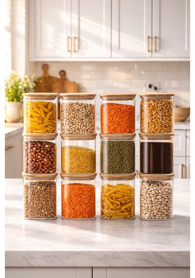 Porsima 5-4 Bambu Vakumlu Kapaklı Kare Borsilikat Cam 12li Kavanoz Seti Saklama Kabı 750ml 7,5x15cm