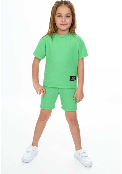 My Kids Wear Bisiklet Yaka Şortlu Kız Çocuk Şortlu Takım Yeşil