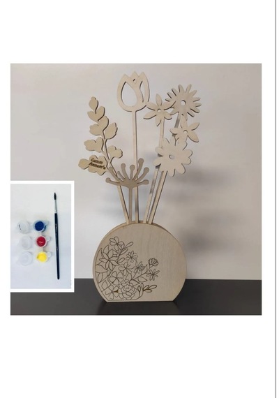 Ahşap Çiçek Sepeti Dekoratif Desenli Boya Setli 6 Parça Çiçekli