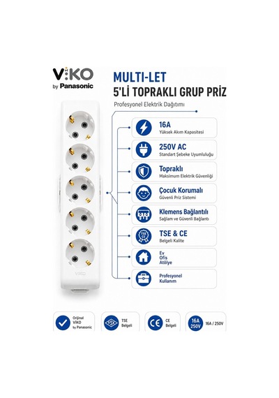 Viko Grup Priz 5'li, 3 Metre Uzatma Kablosu, 3x2.5 Kalın Cca Kablo - Premium Kalite, Çocuk Korumalı, Terminal Ve Klemens Bağlantılı 3 M