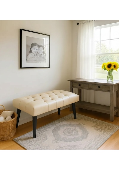 Waterybrook Bench Bank Puf - Suni Deri - Siyah Ahşap Ayaklı - Retro Modern Tasarım & Dekoratif Sehpa Krem
