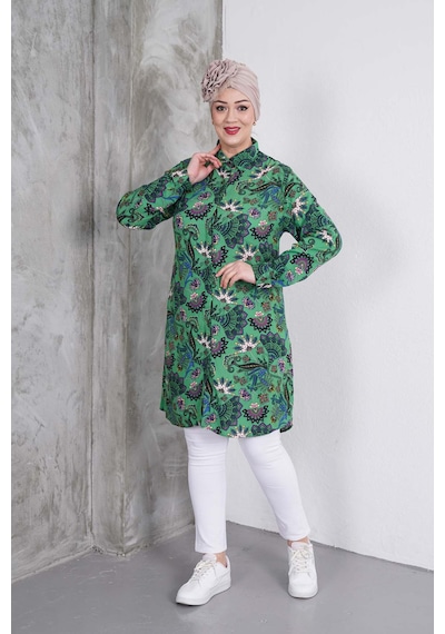 Polologin Butik Zümrüt Yeşil Bitki Desenli Gömlek Tunik Zümrüt Yeşili