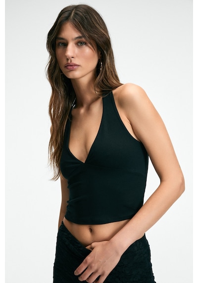 Grimelange MORIENNE Kadın Halter Yaka Kalın Askılı Sırtı Açık Crop Siyah Bluz