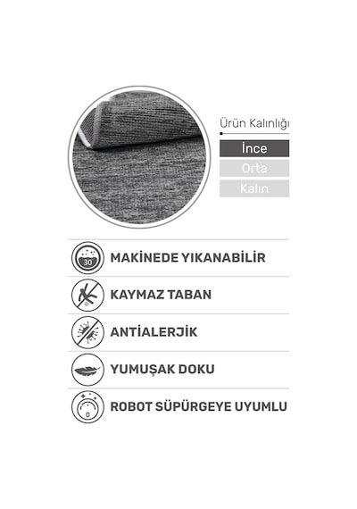 Azra Antrasit Kaymaz Taban Halı – Salon, Çocuk Odası ve Mutfak için Yıkanabilir, Yumuşak Kilim