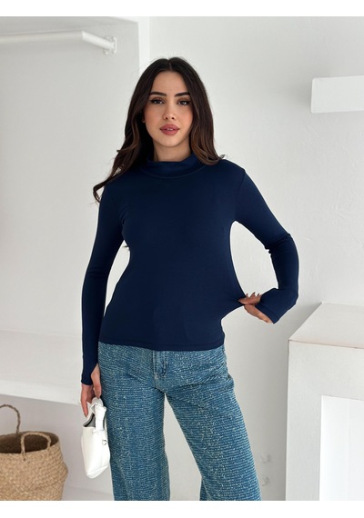 Kadın Yarım Balıkçı Yaka Parmak Geçmeli Full Likralı Buzz Body Lacivert