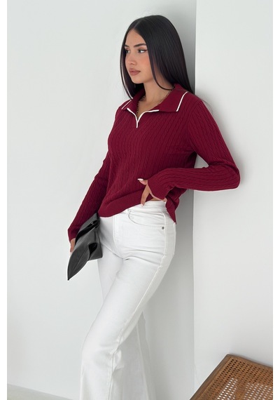 Femelle Kadın Bordo Polo Yaka Standart Beden Triko Bluz