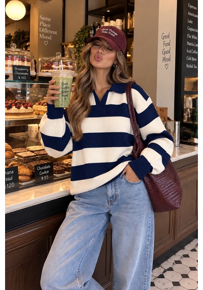 Nilza New York Kadın Bordo Çizgili Oversize Polo Yaka Triko Kazak Lacivert