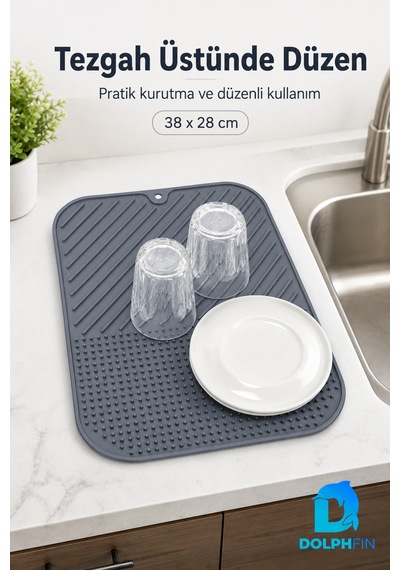 Silikon Bulaşık Kurutma Matı 38x28 Cm Kaymaz Tezgâh Üstü Gri Mutfak Matı