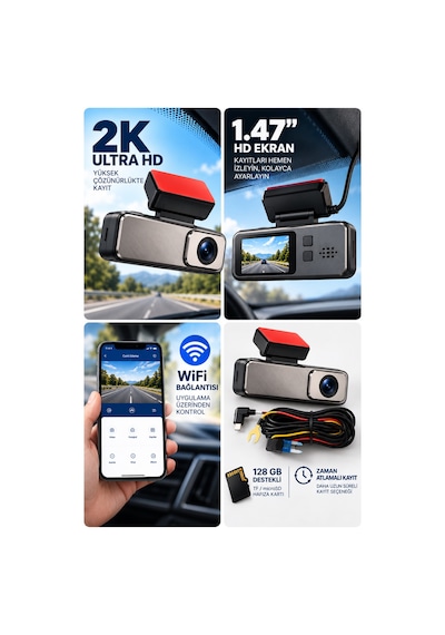 2k Ultra Hd Wifi Araç Kamerası 1.47 İnç Hd Ekran, Zaman Atlamalı Kayıt, Özel Araç Güç Bağlantı Seti-15119