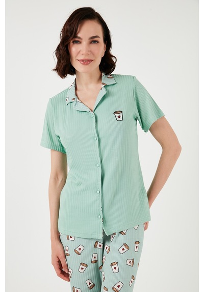 Lela Regular Fit Gömlek Yaka Kısa Kollu Bayan Pijama Takımı 65740102 Mint-Bej