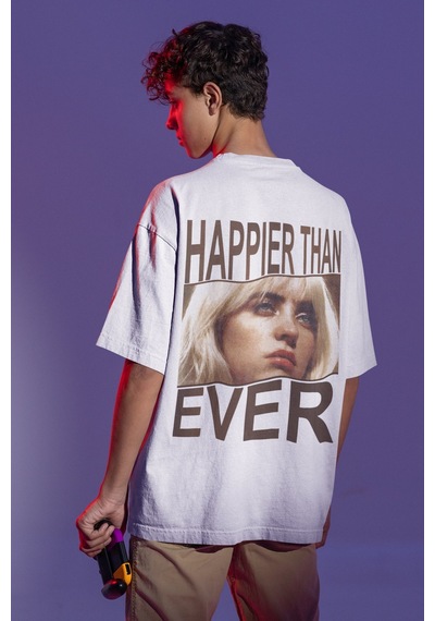 Sevbano Happier Than Ever Billie Eilish Sırt Baskılı Unisex Oversize Şark Beyaz