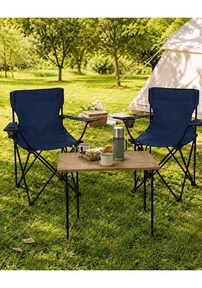 2 Sandalyeli Katlanır Kamp Masa Sandalye Seti 60x45 Cm 3 Parça Lacivert
