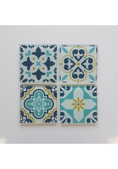 Decorita Cam Bardak Altlığı|Modern Çini Desen|4'lüTakım|10cmx10cm Çok Renkli