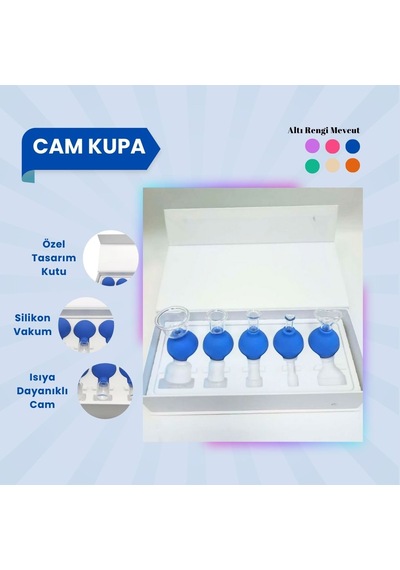 Silikon Vakumlu Cam Yüz Masaj Kupası 5'li Set Mavi Çok Renkli