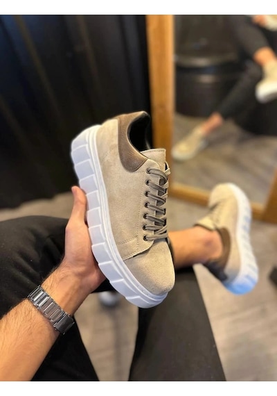 Mevese Ares Bağcıklı Süet Erkek Günlük Sneaker Yüksek Taban Ayakkabı - Krem