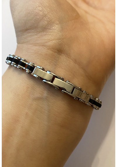 Erkek Siyah Renk Detay Zincir Model Çelik Bileklik Silver