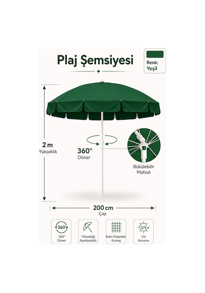 Yeşil Plaj Şemsiyesi 200 Cm Çap /10 Telli, Polyester Kumaş Yeşil
