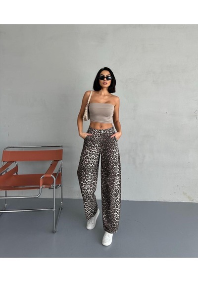 Zeo Basic Skater Pantolon Leopar Desenli Bej Bej