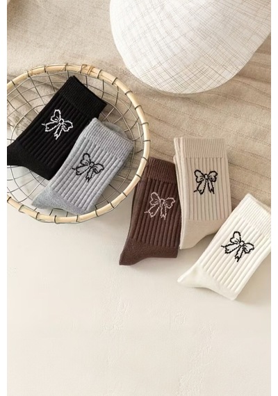 Hitit Socks Kadın 5 Çift Premium Kalite Kurdele Desenli Günlük Kullanıma Uygun Kolej Çorap Çok Renkli