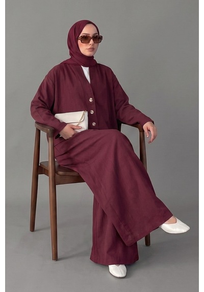 Norshen Kruvaze Kesim Düğmeli Bluz & Etek Görünümlü Geniş Paça Pantolon - Keten Takım bordo