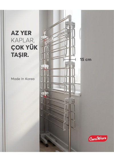 Home S3 Premium 3 Katlı Çamaşırlık Made in Korea Tam Katlanır Tekerlekli Çamaşır Kurutmalık