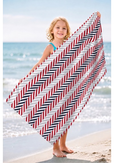 Çizgili Marine Plaj Havlusu - Modern Kırmızı Lacivert Beyaz Hızlı Kuruyan Mikrofiber Havlu Kumlu Akasya