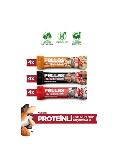 Fellas Yüksek Protein Bar 45g Karma Kutu 12 Adet (3 Çeşit)