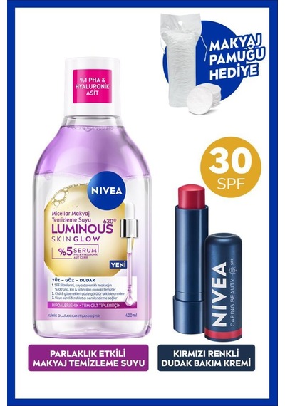 Skin Glow Parlaklık Etki Micellar Makyaj Temizleme Suyu Ve Kırmızı Renkli Dudak Bakım Kremi, Pamuk